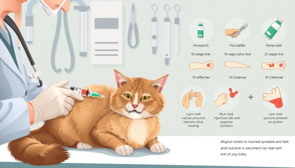 A detailed illustration of a cat receiving a vaccination, showcasing safety considerations and potential side effects. The foreground depicts a veterinarian gently administering the injection to a calm, cooperative feline patient. The middle ground highlights various medical instruments and supplies, conveying a professional, sterile clinic environment. The background features educational illustrations of common vaccine-related symptoms, such as minor swelling or redness at the injection site. Soft, muted lighting and a soothing color palette create a reassuring, informative atmosphere, emphasizing the importance of responsible pet care and vaccination safety. A detailed illustration of a cat receiving a vaccination, showcasing safety considerations and potential side effects. The foreground depicts a veterinarian gently administering the injection to a calm, cooperative feline patient. The middle ground highlights various medical instruments and supplies, conveying a professional, sterile clinic environment. The background features educational illustrations of common vaccine-related symptoms, such as minor swelling or redness at the injection site. Soft, muted lighting and a soothing color palette create a reassuring, informative atmosphere, emphasizing the importance of responsible pet care and vaccination safety.