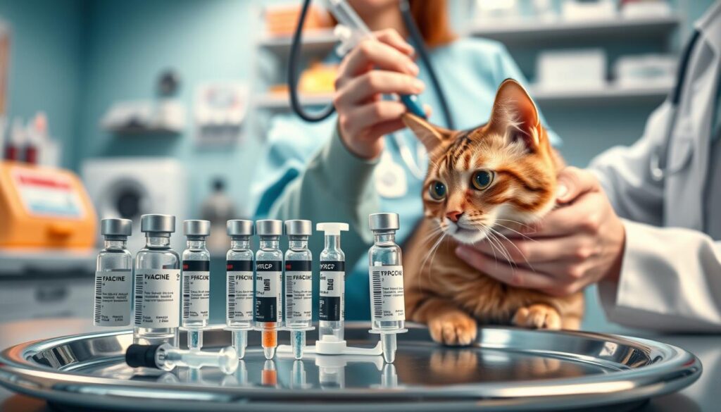 A vibrant, photorealistic image of a feline veterinary clinic. In the foreground, various core cat vaccines and syringes are neatly arranged on a sterile metal tray, highlighting their integration and purpose. The middle ground features a caring veterinarian's hands gently administering an FVRCP vaccine to a calm, cooperative cat. Soft, warm lighting illuminates the scene, creating a sense of trust and care. In the background, medical equipment, shelves, and a soothing color palette establish the professional, yet welcoming atmosphere of the clinic. The image conveys the importance of comprehensive vaccination schedules for feline health and well-being. A vibrant, photorealistic image of a feline veterinary clinic. In the foreground, various core cat vaccines and syringes are neatly arranged on a sterile metal tray, highlighting their integration and purpose. The middle ground features a caring veterinarian's hands gently administering an FVRCP vaccine to a calm, cooperative cat. Soft, warm lighting illuminates the scene, creating a sense of trust and care. In the background, medical equipment, shelves, and a soothing color palette establish the professional, yet welcoming atmosphere of the clinic. The image conveys the importance of comprehensive vaccination schedules for feline health and well-being.