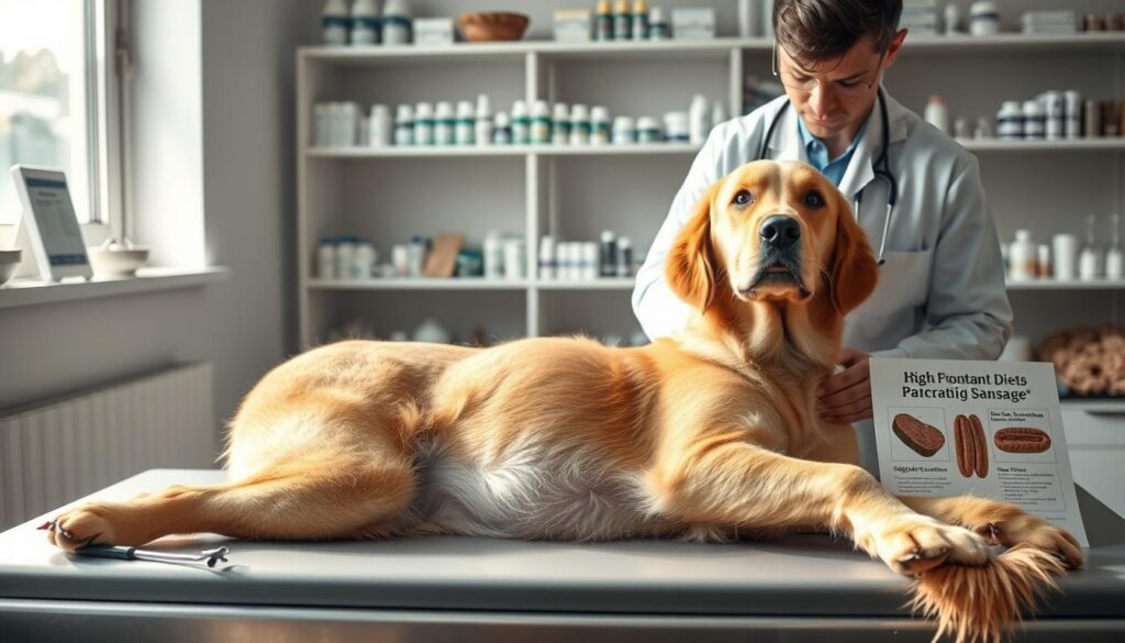 A concerned veterinarian examines a dog with symptoms of pancreatitis in a clinical setting. The dog, a golden retriever, lies on an examination table, its stomach visibly tense and uncomfortable. In the foreground, the vet, dressed in a white coat, uses a stethoscope while gazing intently at the dog. The middle ground shows veterinary tools and medical charts detailing high-fat content diets, subtly hinting at sausage-related complications. In the background, shelves filled with veterinary medicine and supplies create a professional atmosphere. Soft, natural lighting streams through a window, casting gentle shadows that enhance the seriousness of the scene. The overall mood is one of concern and professionalism, effectively illustrating the dangers of high-fat content in dog diets. A concerned veterinarian examines a dog with symptoms of pancreatitis in a clinical setting. The dog, a golden retriever, lies on an examination table, its stomach visibly tense and uncomfortable. In the foreground, the vet, dressed in a white coat, uses a stethoscope while gazing intently at the dog. The middle ground shows veterinary tools and medical charts detailing high-fat content diets, subtly hinting at sausage-related complications. In the background, shelves filled with veterinary medicine and supplies create a professional atmosphere. Soft, natural lighting streams through a window, casting gentle shadows that enhance the seriousness of the scene. The overall mood is one of concern and professionalism, effectively illustrating the dangers of high-fat content in dog diets.