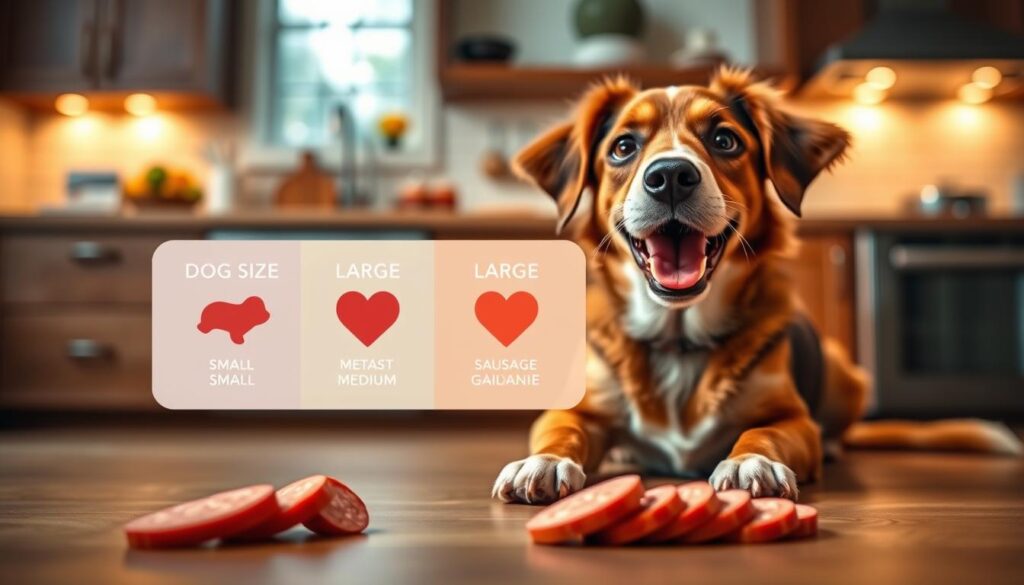 A vibrant, informative illustration showcasing portion guidelines for safe sausage for dogs. In the foreground, a close-up of a well-groomed, happy dog looking up expectantly, its tail wagging, with a few sausage slices on the ground beside it, illustrating appropriate portion sizes. In the middle, neatly arranged, colorful diagrams or visuals indicating different dog sizes (small, medium, large) and their corresponding sausage portions, possibly with paw prints or heart shapes for a friendly touch. The background features a homey kitchen setting with soft, warm lighting, creating a cozy, inviting atmosphere. The focus is clear, utilizing a slightly blurred background to enhance the foreground elements, evoking a cheerful and informative mood. A vibrant, informative illustration showcasing portion guidelines for safe sausage for dogs. In the foreground, a close-up of a well-groomed, happy dog looking up expectantly, its tail wagging, with a few sausage slices on the ground beside it, illustrating appropriate portion sizes. In the middle, neatly arranged, colorful diagrams or visuals indicating different dog sizes (small, medium, large) and their corresponding sausage portions, possibly with paw prints or heart shapes for a friendly touch. The background features a homey kitchen setting with soft, warm lighting, creating a cozy, inviting atmosphere. The focus is clear, utilizing a slightly blurred background to enhance the foreground elements, evoking a cheerful and informative mood.