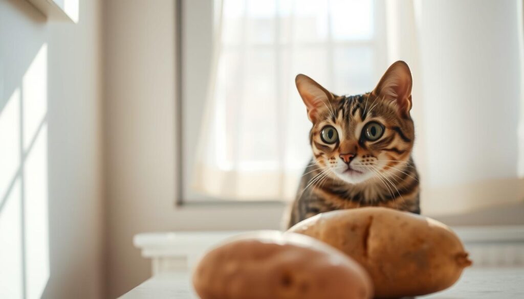 cat avoiding raw potato toxicity in cats
