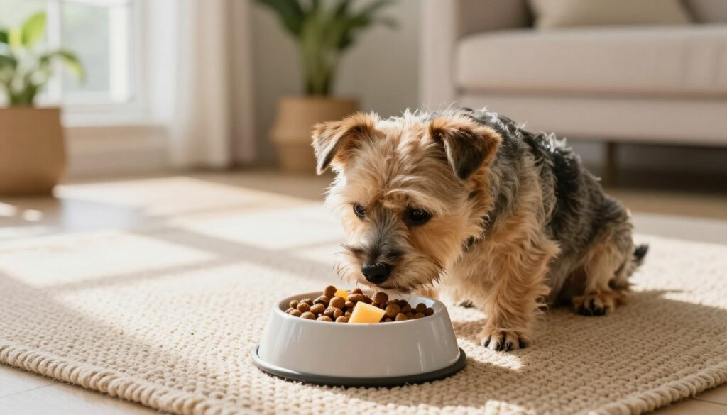 fussy dog eating in calm environment