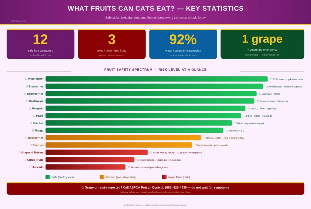 what fruits can cats eat statistics infographic 
showing safe toxic and caution fruits with risk 
spectrum and grape kidney failure warning