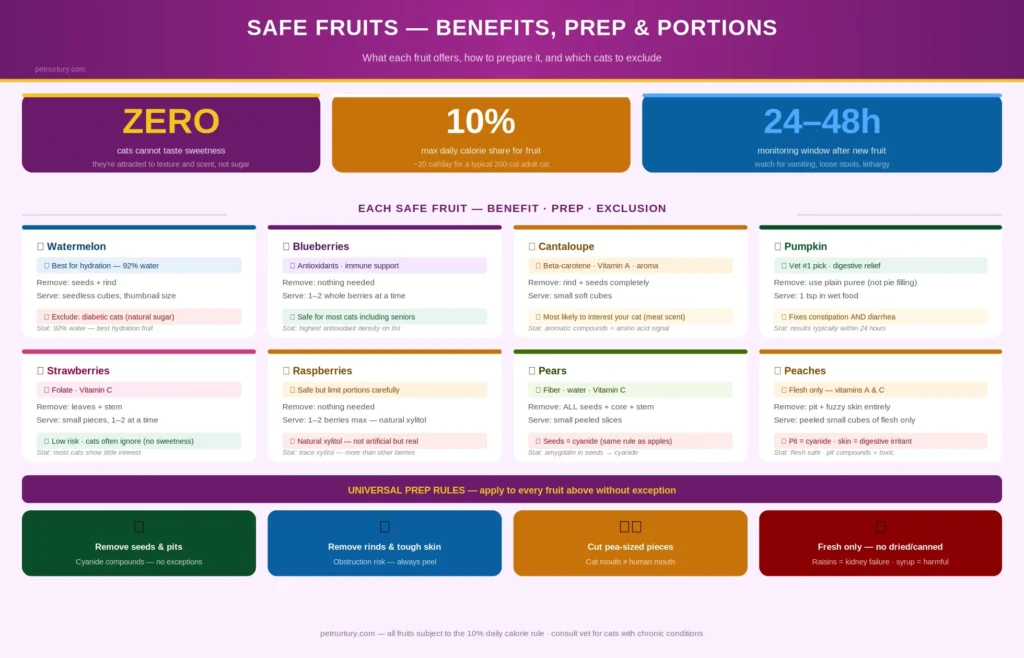 safe fruits for cats benefits preparation and 
portion guide with universal prep rules for 
watermelon blueberries cantaloupe and more