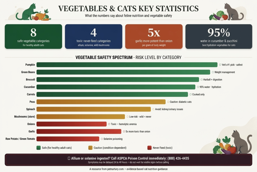 vegetable safety spectrum for cats showing risk
levels from safe pumpkin and green beans to toxic
onions garlic and solanine foods
