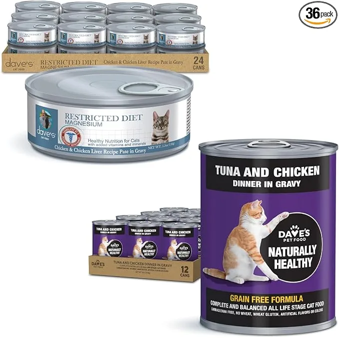 Dave's Pet Food Urinary Tract Cat Food & Grain Free Tuna & Chicken Wet Cat Food, Low Magnesium, Wheat & Gluten-Free, Added Vitamins, Vet Recommended, 5.5 oz & 13 oz (24 & 12 Pack)
